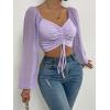 imageVerdusa Womens Sweetheart Neck Drawstring Ruched Lantern Sleeve Crop Top BlousePurple