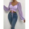 imageVerdusa Womens Sweetheart Neck Drawstring Ruched Lantern Sleeve Crop Top BlousePurple