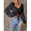 imageVerdusa Womens Sweetheart Neck Drawstring Ruched Lantern Sleeve Crop Top BlouseStriped Black