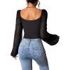 imageVerdusa Womens Sweetheart Neck Drawstring Ruched Lantern Sleeve Crop Top BlouseStriped Black