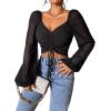 imageVerdusa Womens Sweetheart Neck Drawstring Ruched Lantern Sleeve Crop Top BlouseStriped Black
