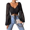 imageVerdusa Womens Sweetheart Neck Drawstring Ruched Lantern Sleeve Crop Top BlouseStriped Black