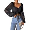 imageVerdusa Womens Sweetheart Neck Drawstring Ruched Lantern Sleeve Crop Top BlouseStriped Black