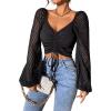 imageVerdusa Womens Sweetheart Neck Drawstring Ruched Lantern Sleeve Crop Top BlouseStriped Black