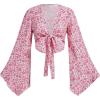 imageVerdusa Womens 70s Floral Print Tie Front Blouse Bell Long Sleeve V Neck Crop TopPink