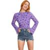 imageVerdusa Womens Bell Sleeve Lettuce Trim Mock Neck Floral Mesh Top Crop T ShirtPurple