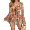 imageVerdusa Womens Paisley Boho 70s Mesh Tops Western Outfits Lettuce Trim Peplum V Neck Long Sleeve Blouse TopOrange Brown
