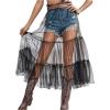 imageVerdusa Womens Sheer Mesh High Waist Layered Ruffle Hem Midi SkirtBlack