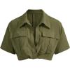 imageVerdusa Womens Short Sleeve Collar Neck Flap Pocket Twist Front Crop Top ShirtsArmy Green