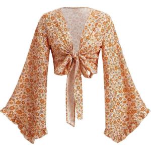 imageVerdusa Womens 70s Floral Print Tie Front Blouse Bell Long Sleeve V Neck Crop TopMulticolor
