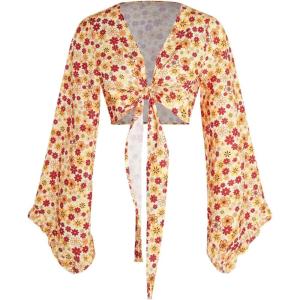 imageVerdusa Womens 70s Floral Print Tie Front Blouse Bell Long Sleeve V Neck Crop TopOrange
