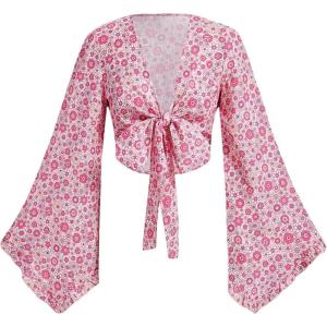 imageVerdusa Womens 70s Floral Print Tie Front Blouse Bell Long Sleeve V Neck Crop TopPink