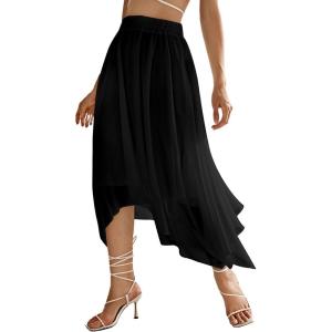 imageVerdusa Womens Asymmetrical Hem Elastic Waist Chiffon Flowy Long SkirtBlack