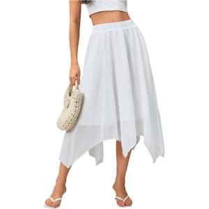 imageVerdusa Womens Asymmetrical Hem Elastic Waist Chiffon Flowy Long SkirtWhite