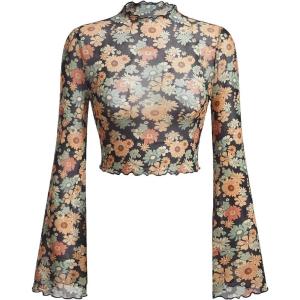 imageVerdusa Womens Bell Sleeve Lettuce Trim Mock Neck Floral Mesh Top Crop T ShirtBlack