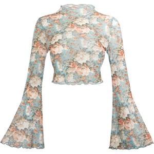 imageVerdusa Womens Bell Sleeve Lettuce Trim Mock Neck Floral Mesh Top Crop T ShirtBlue