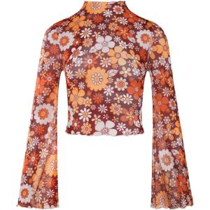 imageVerdusa Womens Bell Sleeve Lettuce Trim Mock Neck Floral Mesh Top Crop T ShirtBrown Yellow