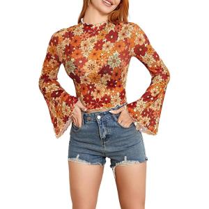 imageVerdusa Womens Bell Sleeve Lettuce Trim Mock Neck Floral Mesh Top Crop T ShirtFloral Orange
