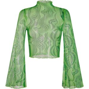 imageVerdusa Womens Bell Sleeve Lettuce Trim Mock Neck Floral Mesh Top Crop T ShirtMarble Green