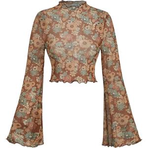 imageVerdusa Womens Bell Sleeve Lettuce Trim Mock Neck Floral Mesh Top Crop T ShirtMulticolor