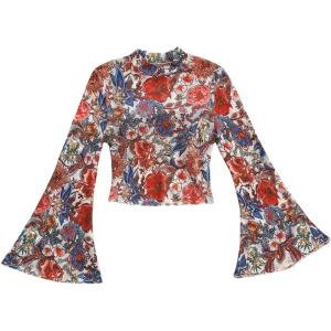 imageVerdusa Womens Bell Sleeve Lettuce Trim Mock Neck Floral Mesh Top Crop T ShirtMulticolor Pink