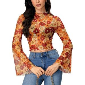 imageVerdusa Womens Bell Sleeve Lettuce Trim Mock Neck Floral Mesh Top Crop T ShirtOrange