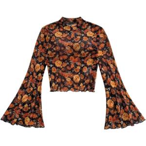 imageVerdusa Womens Bell Sleeve Lettuce Trim Mock Neck Floral Mesh Top Crop T ShirtOrange Black