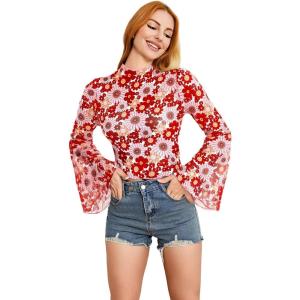 imageVerdusa Womens Bell Sleeve Lettuce Trim Mock Neck Floral Mesh Top Crop T ShirtOrange Pink