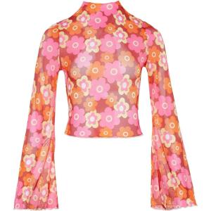 imageVerdusa Womens Bell Sleeve Lettuce Trim Mock Neck Floral Mesh Top Crop T ShirtPink