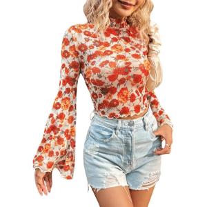 imageVerdusa Womens Bell Sleeve Lettuce Trim Mock Neck Floral Mesh Top Crop T ShirtRed Multi