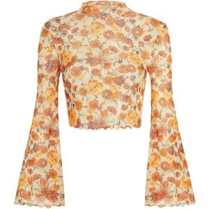 imageVerdusa Womens Bell Sleeve Lettuce Trim Mock Neck Floral Mesh Top Crop T ShirtYellow Sunflower