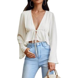 imageVerdusa Womens Bell Sleeve Tie Front Ruffle Hem Peplum Blouse Shirt Crop TopWhite