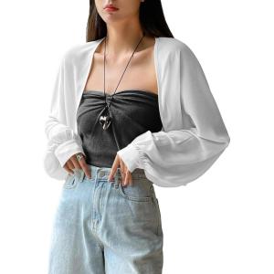 imageVerdusa Womens Bolero Shrug Open Front Mesh Long Sleeve Lightweight Cardigan Dress Cover Up ShrugWhite