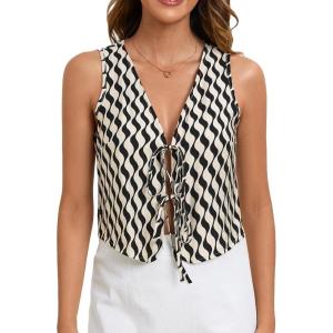 imageVerdusa Womens Bow Tie Knot Front V Neck Wave Print Sleeveless Crop Top Boho VestBlack and White