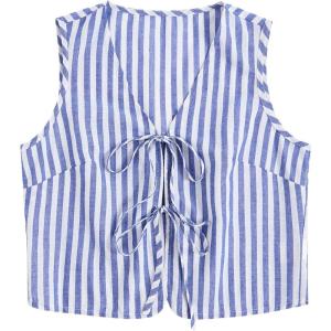 imageVerdusa Womens Bow Tie Knot Front V Neck Wave Print Sleeveless Crop Top Boho VestBlue Stripes