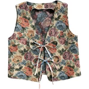 imageVerdusa Womens Bow Tie Knot Front V Neck Wave Print Sleeveless Crop Top Boho VestFloral Multi