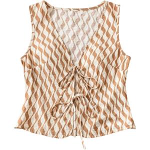 imageVerdusa Womens Bow Tie Knot Front V Neck Wave Print Sleeveless Crop Top Boho VestYellow