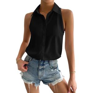 imageVerdusa Womens Casual Sleeveless Collar Button Down Summer Shirt Blouse TopBlack