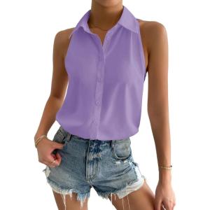 imageVerdusa Womens Casual Sleeveless Collar Button Down Summer Shirt Blouse TopPurple