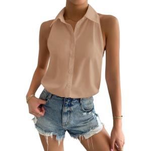 imageVerdusa Womens Casual Sleeveless Collar Button Down Summer Shirt Blouse TopSolid Apricot