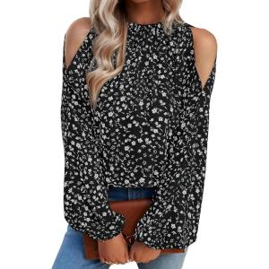 imageVerdusa Womens Cold Shoulder Bishop Sleeve Floral Print Blouse Shirt TopBlack