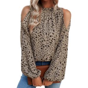 imageVerdusa Womens Cold Shoulder Bishop Sleeve Floral Print Blouse Shirt TopKhaki