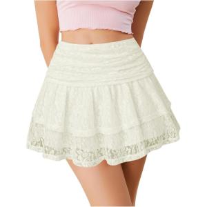 imageVerdusa Womens Coquette Ruffle Lace Mini Skirts Y2K Floral Ruched Layered SkirtApricot
