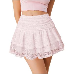 imageVerdusa Womens Coquette Ruffle Lace Mini Skirts Y2K Floral Ruched Layered SkirtPink