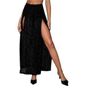 imageVerdusa Womens Double Split Floral Mesh High Waist Flowy Maxi Long Skirt with ShortBlack