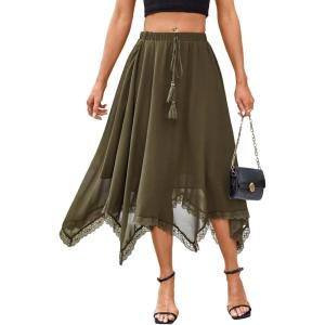 imageVerdusa Womens Elastic Waist Lace Trim Asymmetrical Flowy Long SkirtArmy Green