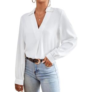 imageVerdusa Womens Elegant Collar V Neck Bishop Long Sleeve Shirt Blouse TopWhite