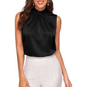 imageVerdusa Womens Elegant Tie Back Sleeveless Pleated Mock Neck Satin Blouse TopBlack