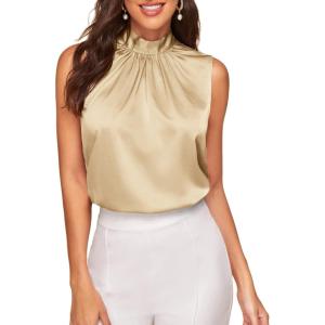 imageVerdusa Womens Elegant Tie Back Sleeveless Pleated Mock Neck Satin Blouse TopChampagne