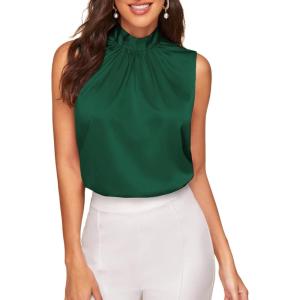 imageVerdusa Womens Elegant Tie Back Sleeveless Pleated Mock Neck Satin Blouse TopDark Green